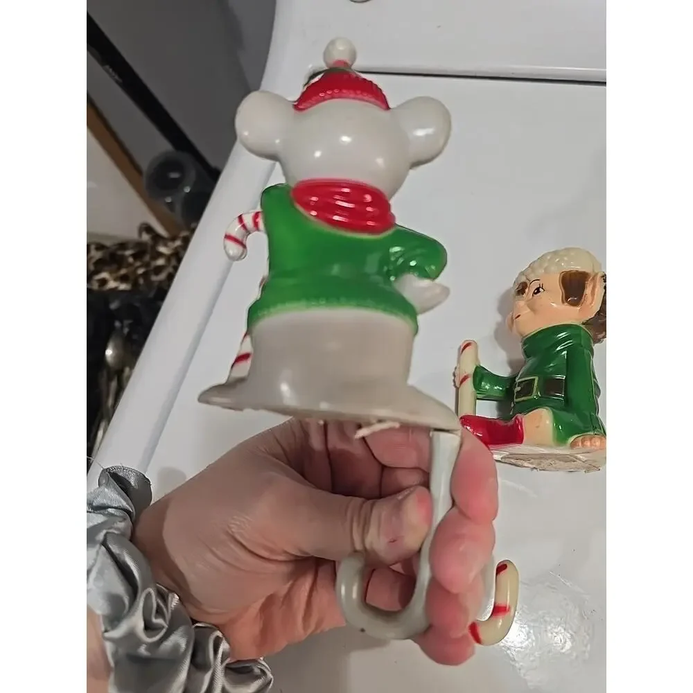 Vtg 70s Lot Hard Plastic Shelf Sitters Santa Mouse Elf Hong Kong Stocking Holder